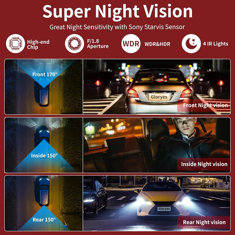 Gloryes 3 Channel Dash Cam Front and Rear Inside,Dash Cam pro 2025,Interior Car Camera,2.5K Single Front,Dash Camera for Cars with IR Night Vision,24Hr Parking Monitor 1S Recording,Free 64G Card - Image 4